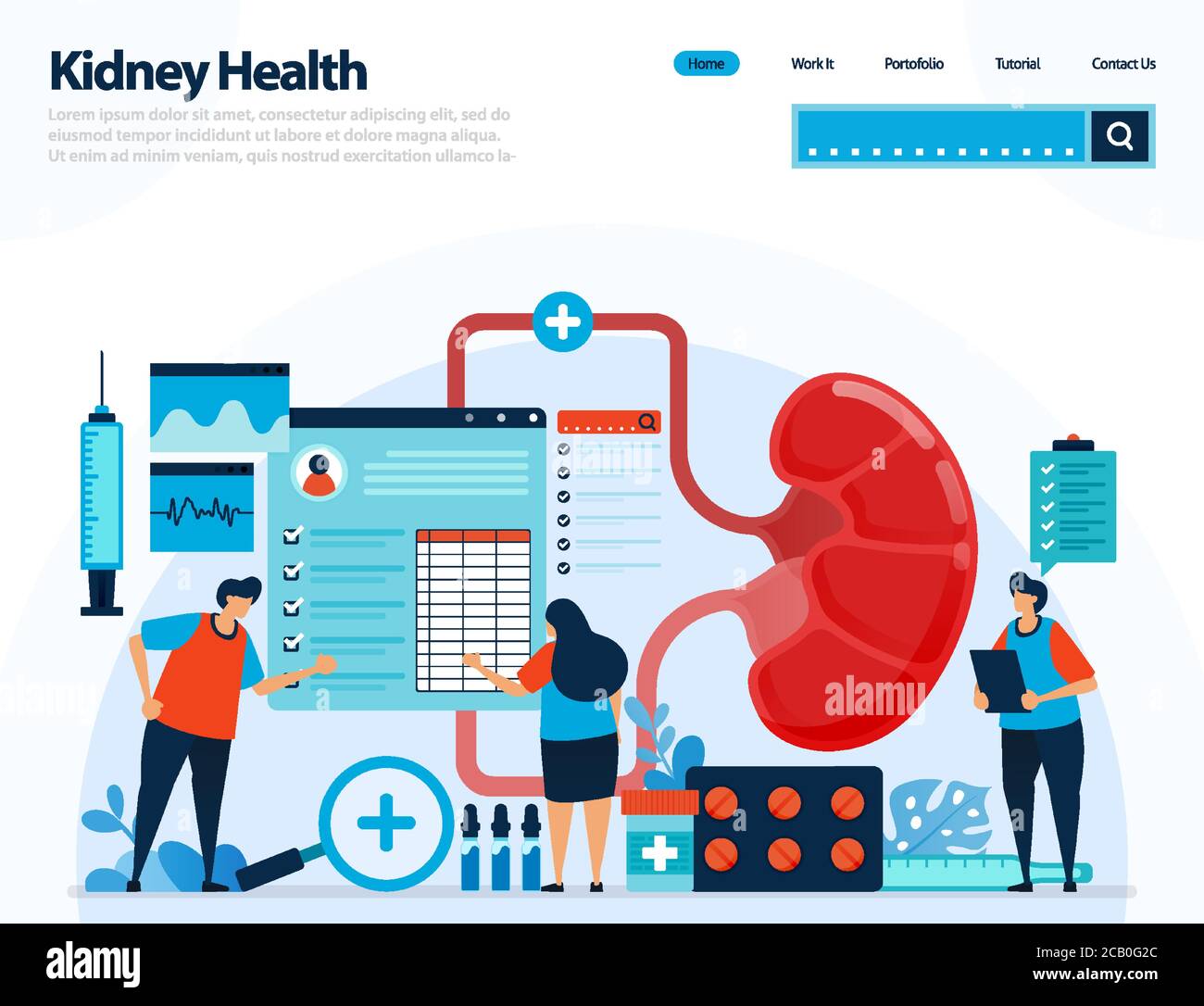 illustration for checking kidney health. diseases and disorders of kidney. checking and handling for internal organs. designed for landing page, templ Stock Vector