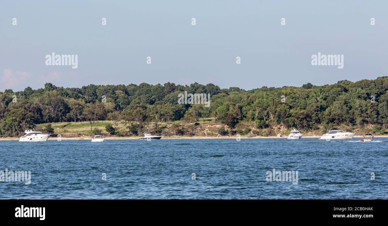 Private yachts and boats in Smith Cove on a sunny summer day, Shelter Island, NY Stock Photo