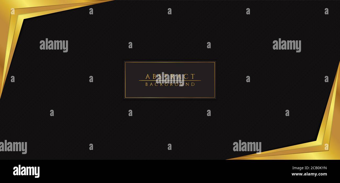 Abstract overlap pattern background black color and gold frame corner design. vector illustration. Stock Vector
