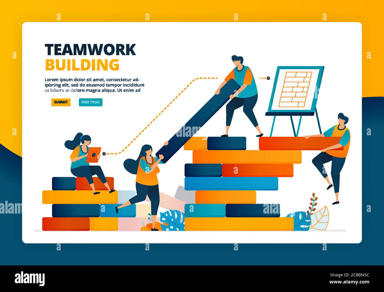 Cartoon illustration of strategy and planning in constructing the beam. Human development in teamwork, collaboration and build. Vector design for land Stock Vector