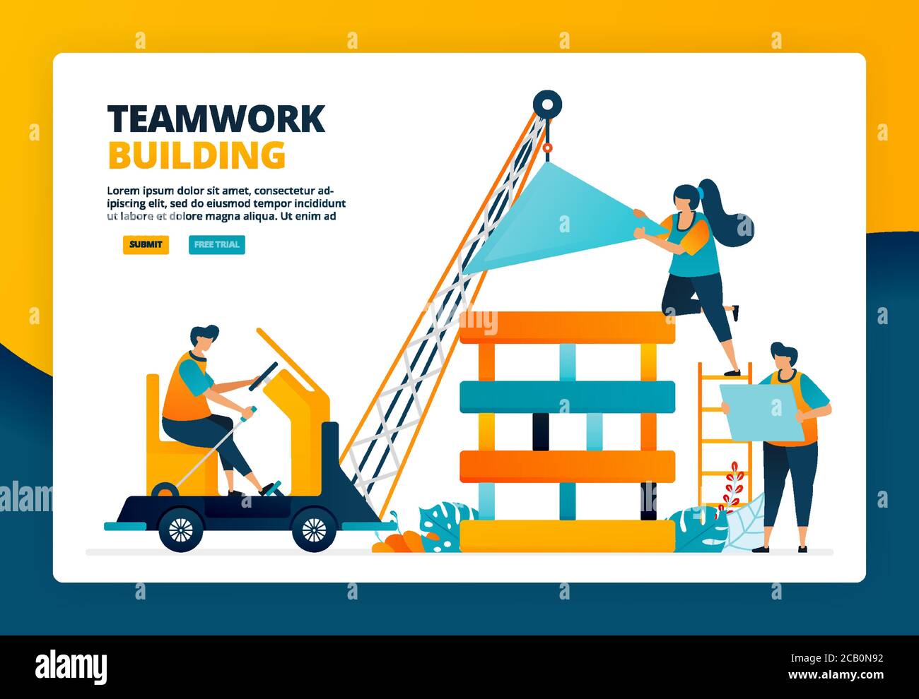 Cartoon illustration of worker building a construction. Planning and strategy in teamwork and collaboration. Human development. Vector design for land Stock Vector
