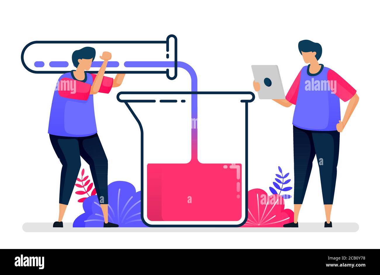 Flat vector illustration of experiment with test tubes and beakers. Chemistry learning and study. Design for healthcare. Can be used for landing page, Stock Vector