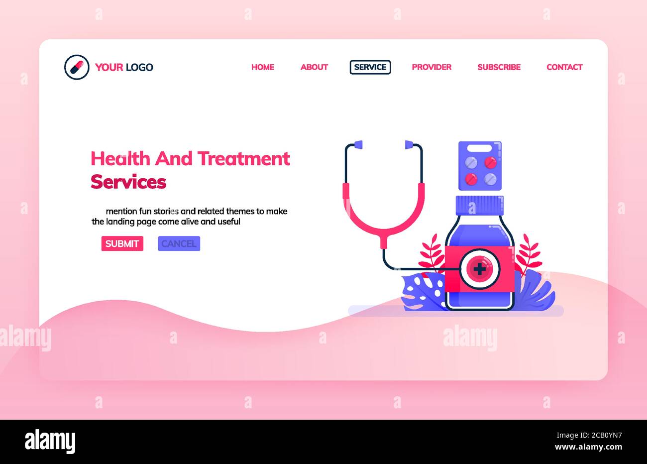 Landing page illustration template of general health and treatment service for hospitals, clinics and dispensary. Health themes. Can be used for landi Stock Vector