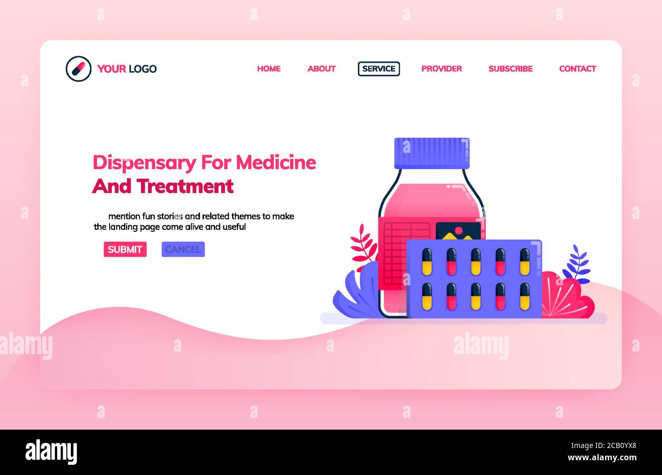 Landing page illustration template of dispensary for medicine and treatment. Drugs for health services. Health themes. Can be used for landing page, w Stock Vector
