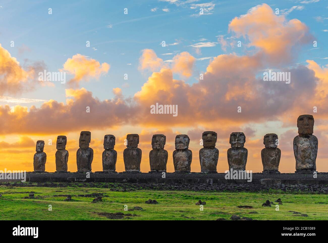 Ahu Tongariki with moai statues at sunrise, Easter Island, Chile. Stock Photo