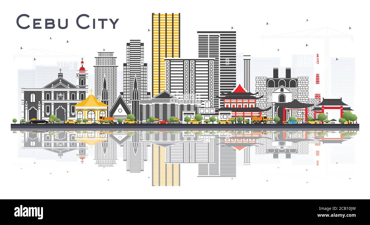 Cebu City Philippines Skyline with Gray Buildings and Reflections Isolated on White. Vector Illustration. Business Travel and Tourism Illustration wit Stock Vector