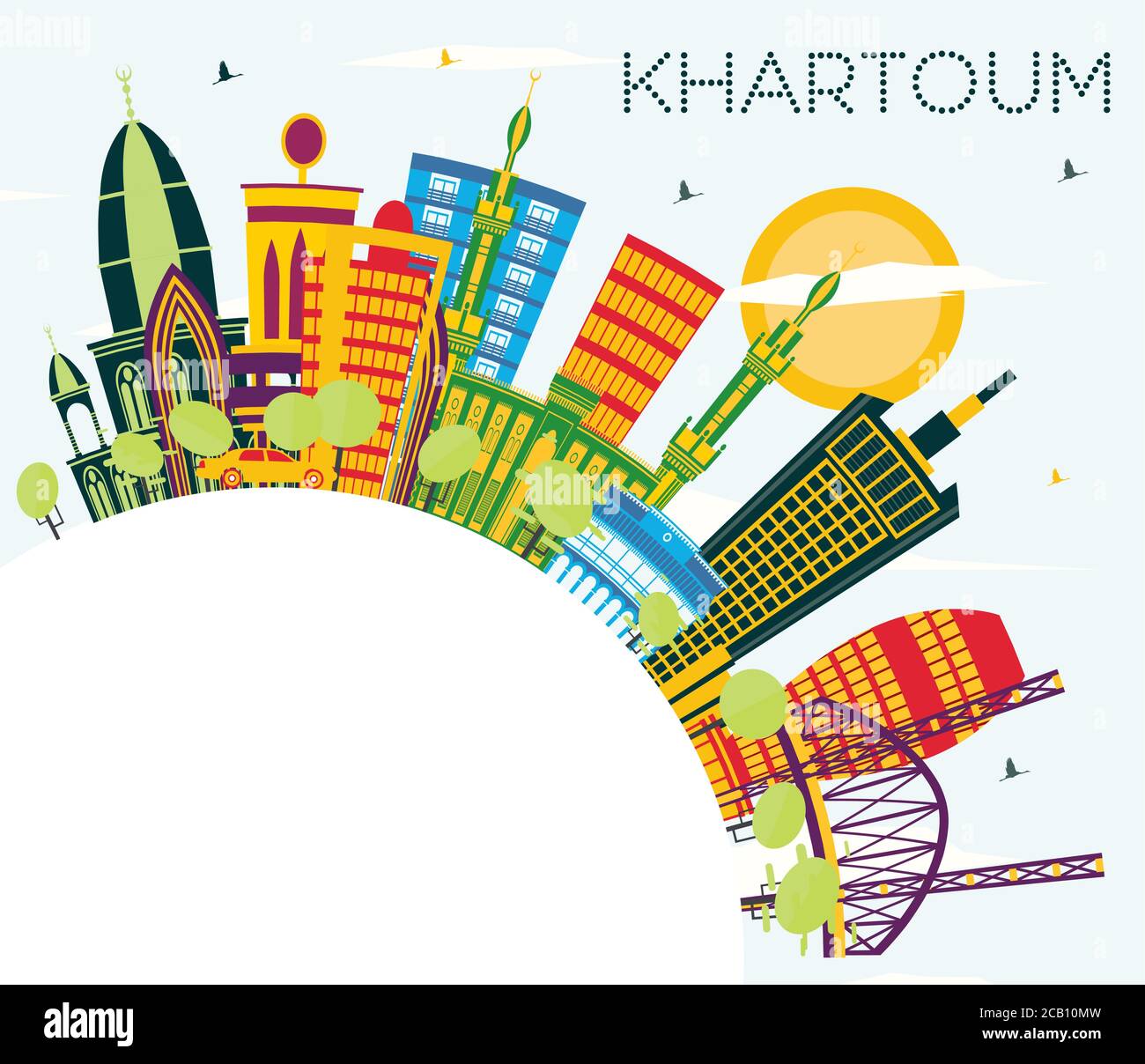 Khartoum Sudan City Skyline with Color Buildings, Blue Sky and Copy Space. Vector Illustration. Stock Vector
