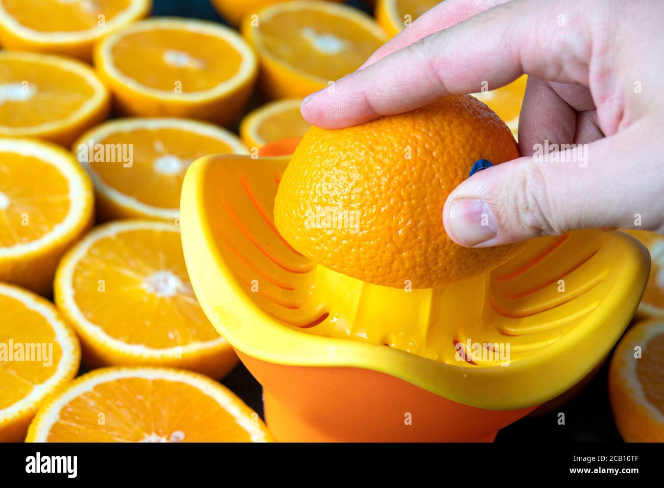 Freshly squeezed orange juice. preparing an orange fresh. closeup of