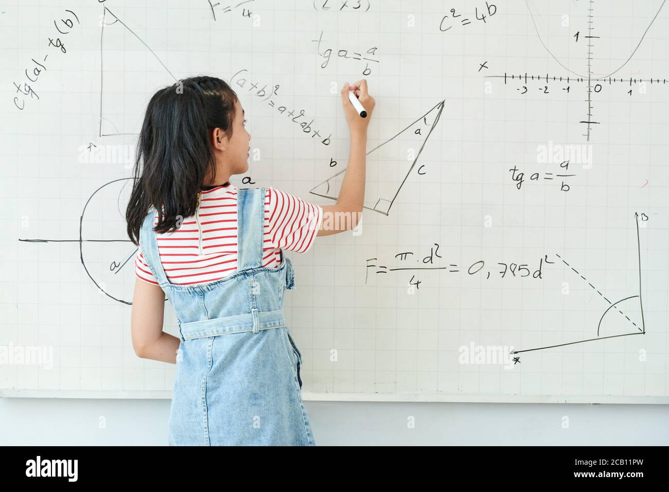 Smart schoolgirl writing on whiteboard when solving geometry task in class, view from the back Stock Photo