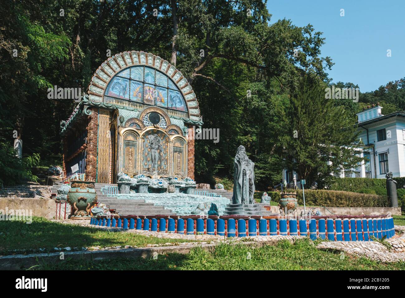 Vienna, Austria - August 8 2020: Fountain House Nymphaeum Omega in the Park of the Ernst Fuchs Museum, at the Otto Wagner Villa in the Hütteldor Subur Stock Photo