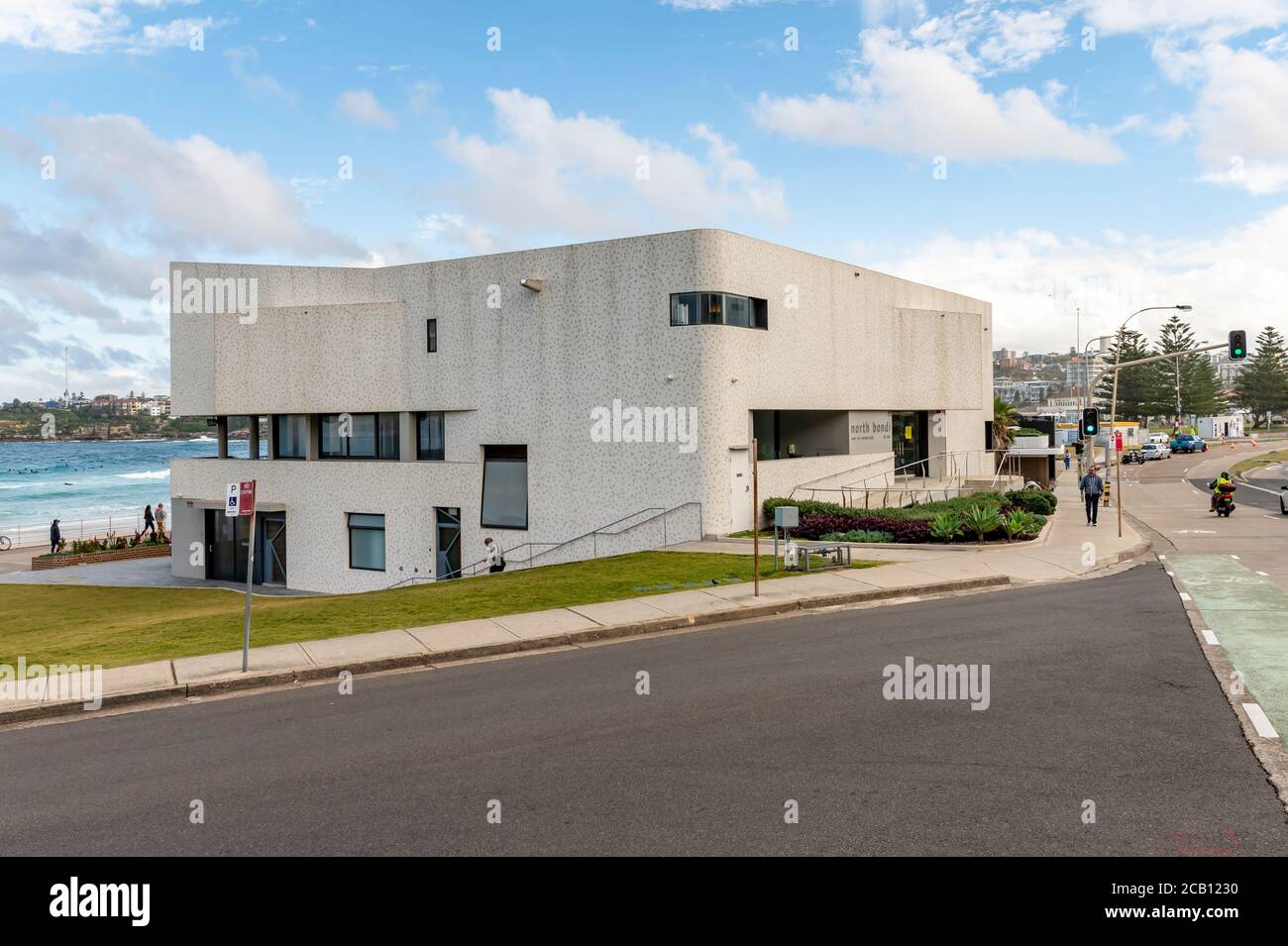 North Bondi Surf Life Saving Club Facade on a sunny autumn afternoon with blue sky and clouds Stock Photo