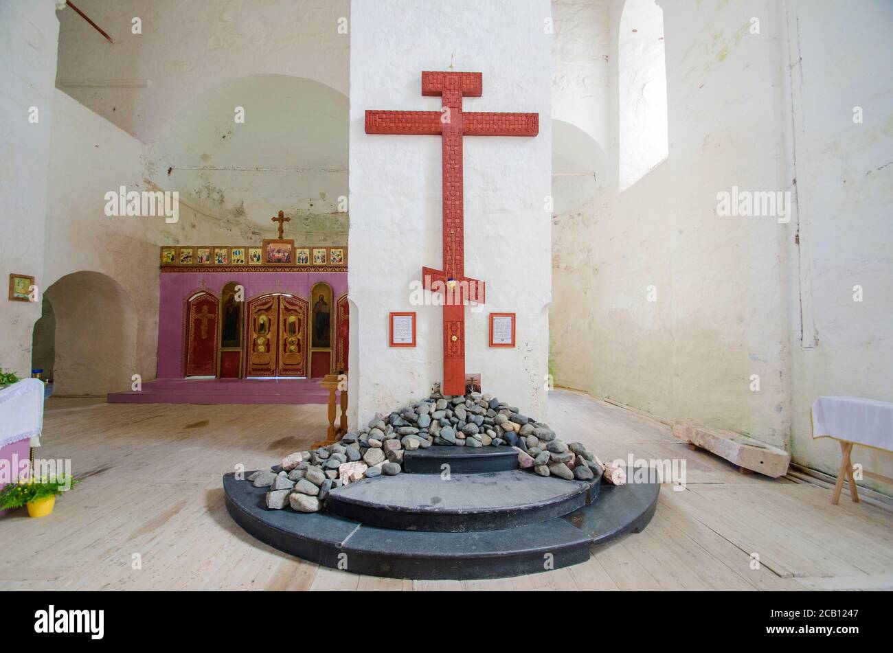 Wooden cross in the cathedral of the Onega god monastery. Russia, Arkhangelsk region, Kiy island Stock Photo