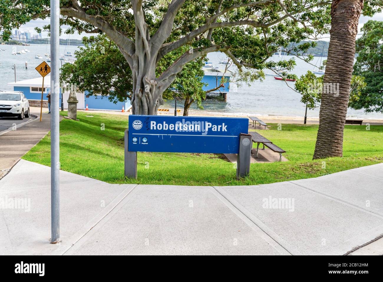 Robertson Park Street Sign in Watsons Bay on a sunny autumn afternoon Stock Photo