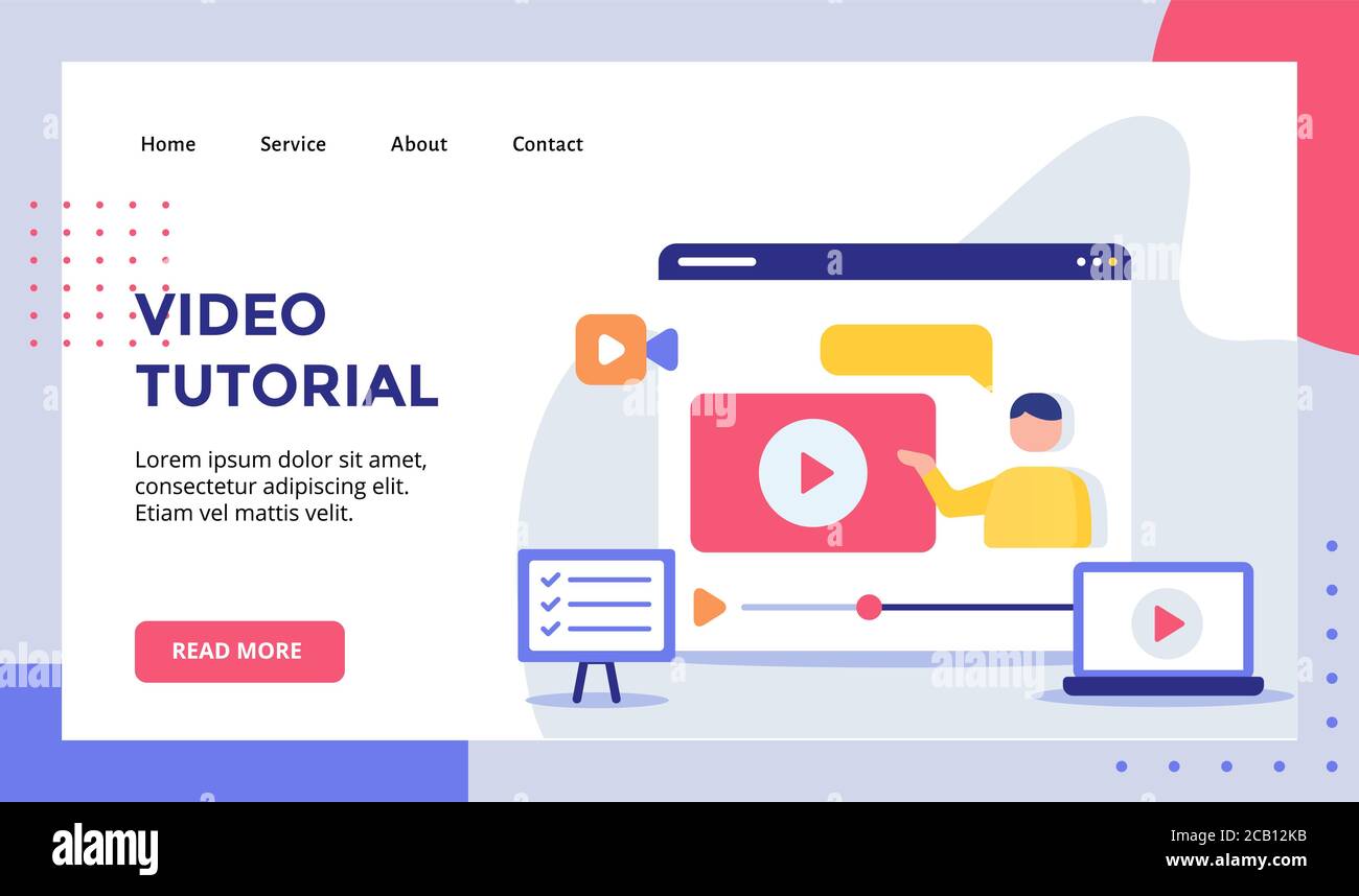 Video tutorial man on video playing campaign for web website home homepage landing page template banner with modern flat style. Stock Vector
