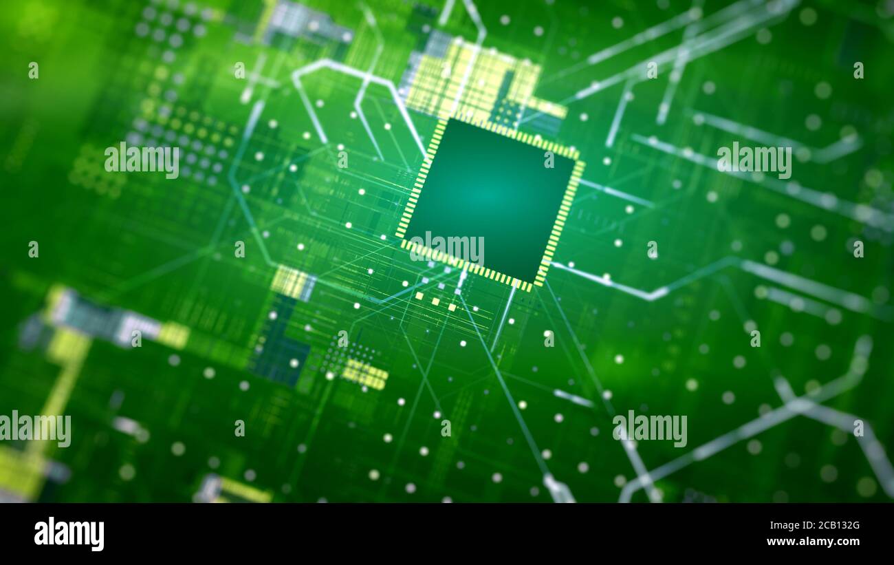 Computer Mother Board Chip With Fast Speed Glowing Circuit Network. Big