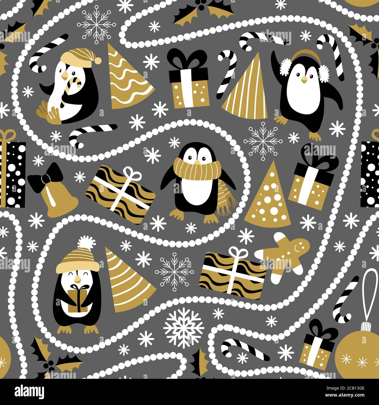 Christmas seamless pattern with penguins and beads on dark grey ...