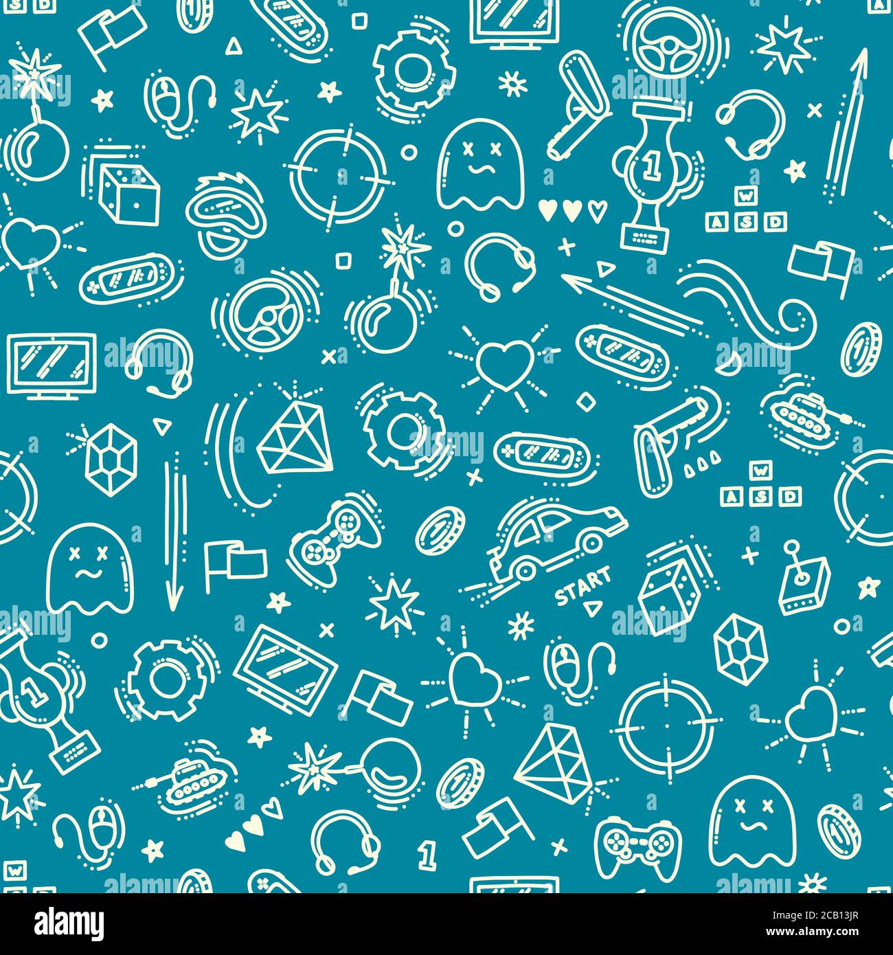 Seamless pattern of gaming objects. Virtual reality, computers, game genres and related stuff. Vector illustration in doodle style. Vector Stock Vector