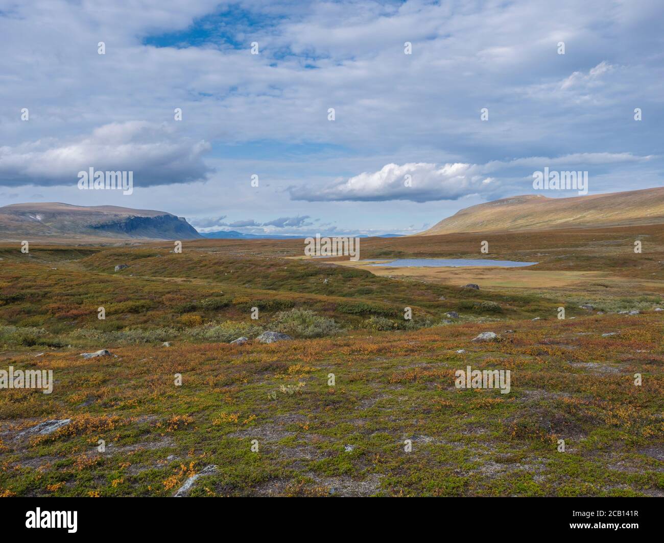 Lapland landscape with blue lake, snow capped mountain at Kungsleden hiking trail near Saltoluokta, Sweden. Wild nature with autumn colored bushes Stock Photo