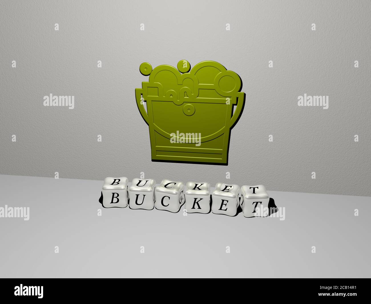 bucket 3D icon on the wall and cubic letters on the floor. 3D ...