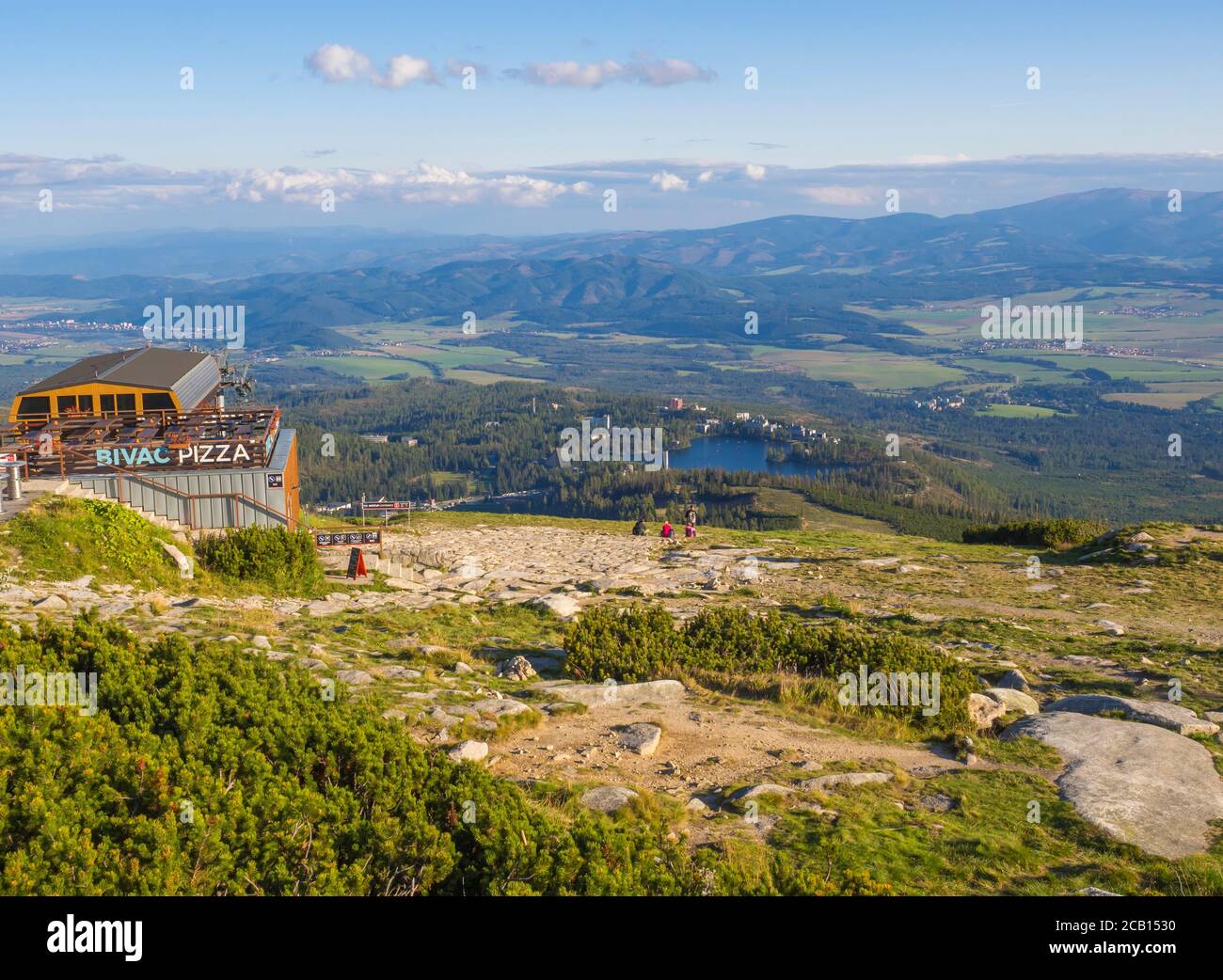 Slovakia, High Tatra mountain, September 14, 2018: Mountain hut Chata pod  Soliskom with view on Strbske pleso village and blue mountain lake with  Stock Photo - Alamy