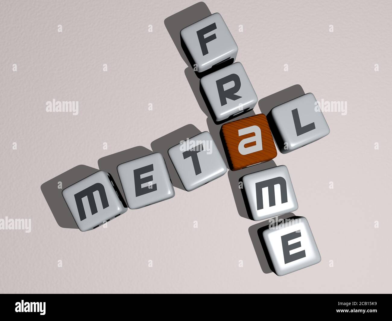 METAL FRAME crossword by cubic dice letters. 3D illustration