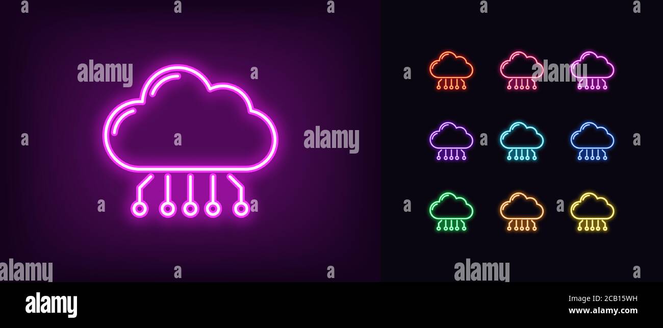 Neon cloud hosting icon. Glowing neon cloud service, online datacenter in vivid colors. SaaS solution, computing center, data exchange platform. Icon Stock Vector