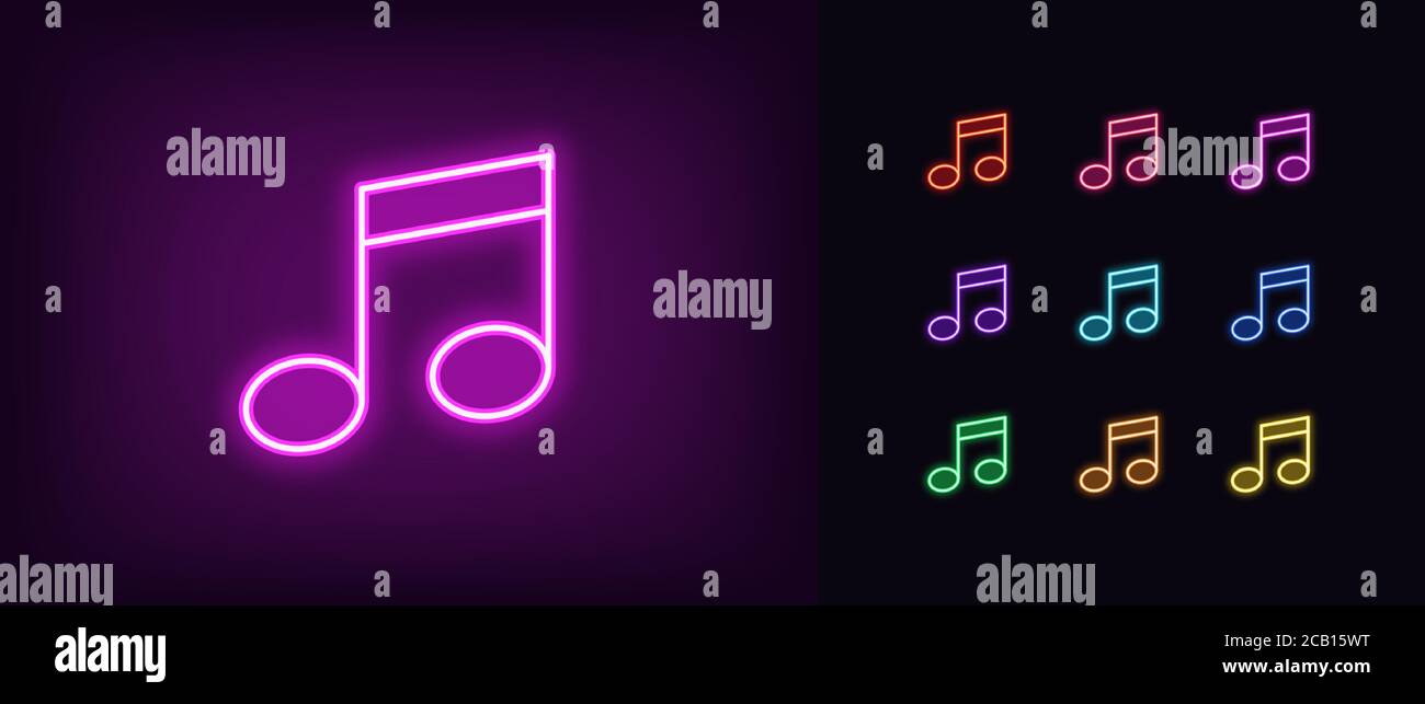 Neon music note icon. Glowing neon note sign, melody in vivid colors. Music festival, radio show, musical evening, karaoke, audio record. Icon set, si Stock Vector