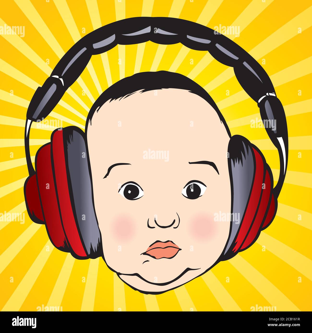 Baby's face with headphones, vector illustration. Happy newborn baby listening to music on headphones Stock Vector