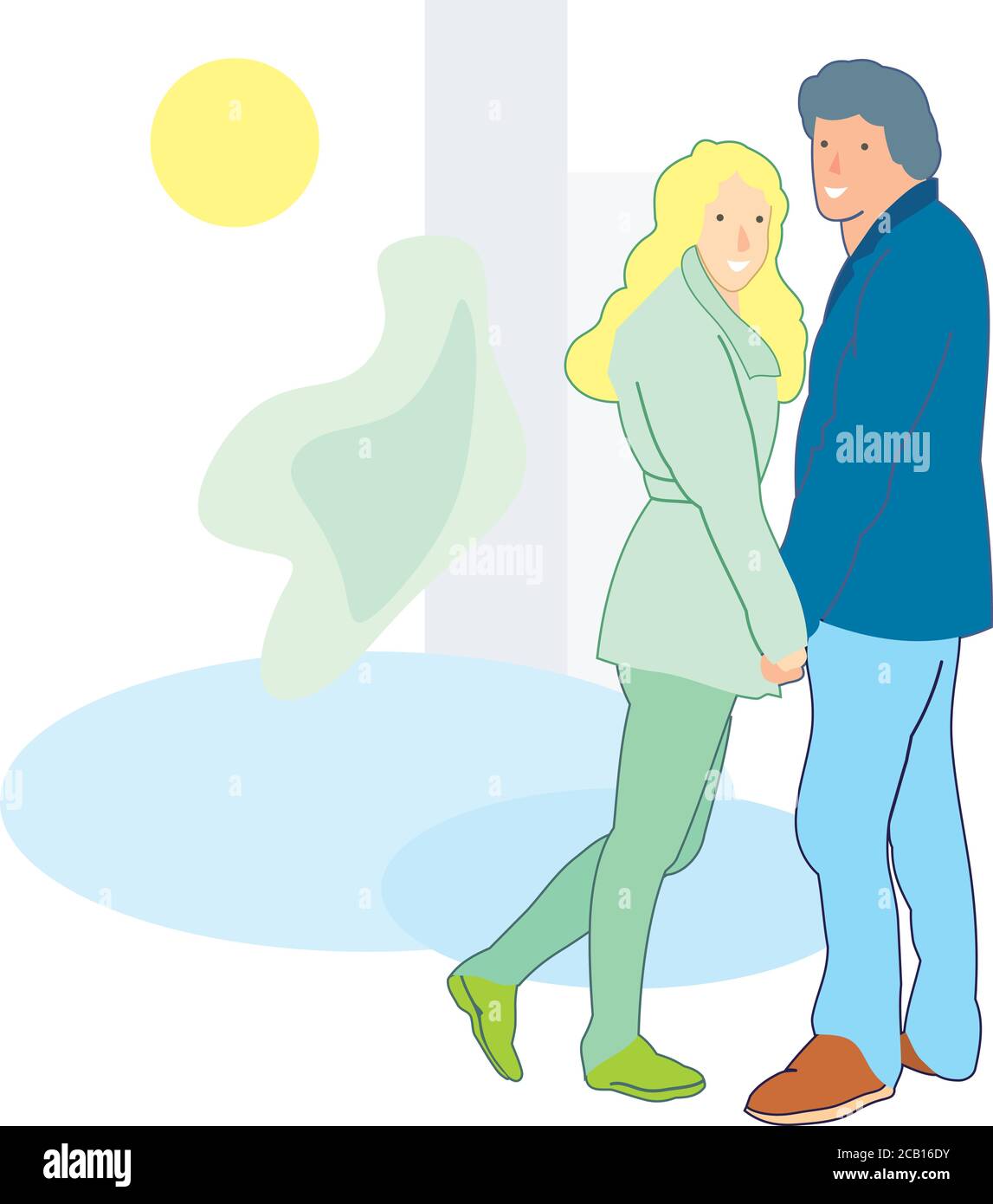 Young couple in love walking holding hands. Vector flat cartoon ...