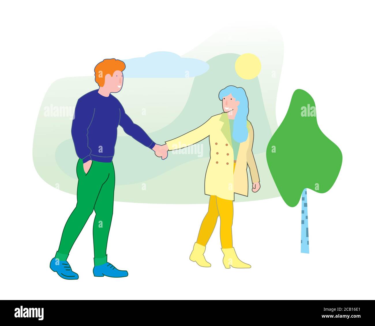 Young couple in love walking holding hands. Vector flat cartoon ...