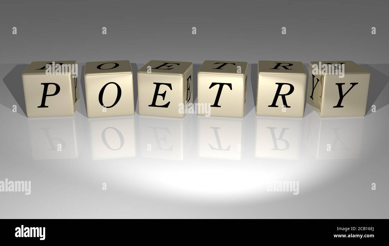 Poetry text of cubic dice letters on the floor and 3D icon on the wall ...