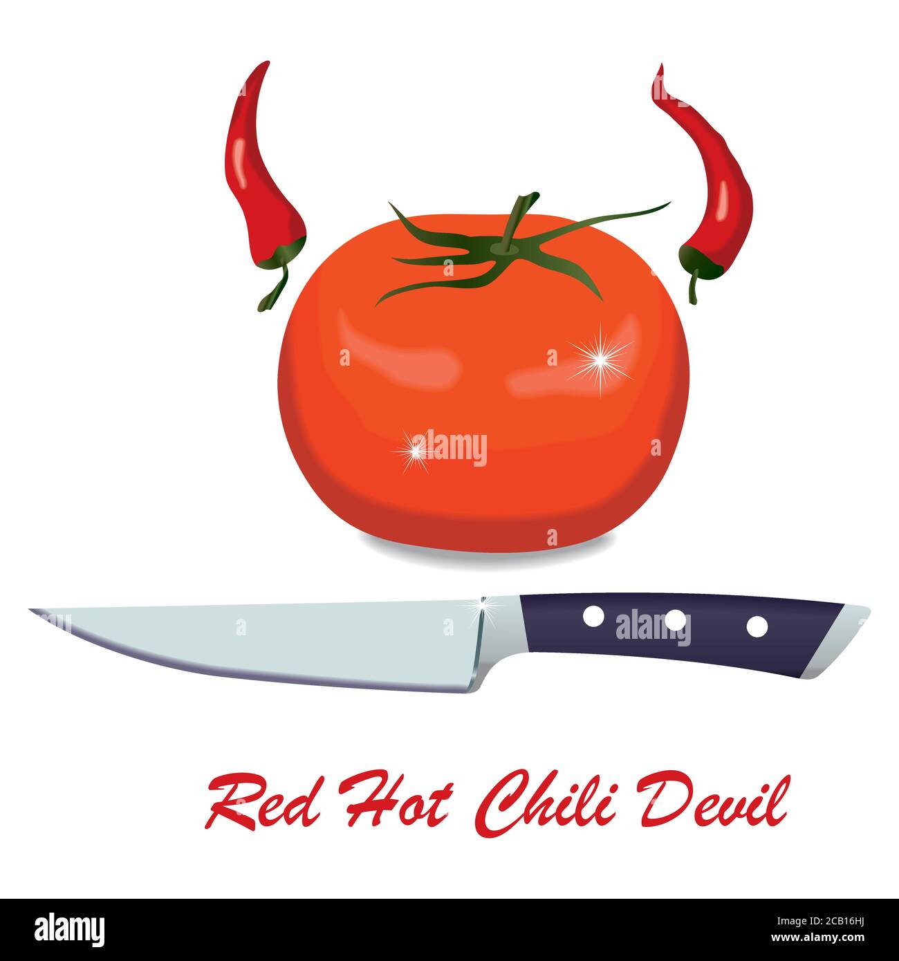Red Hot Chili Devil. Tomato with red hot peppers on the sides like devil horns. Stock Vector