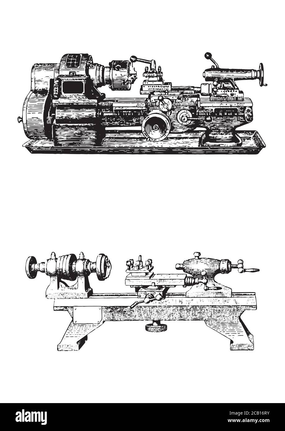 Lathe, front view. Lathe Rig, vintage line drawing or engraving