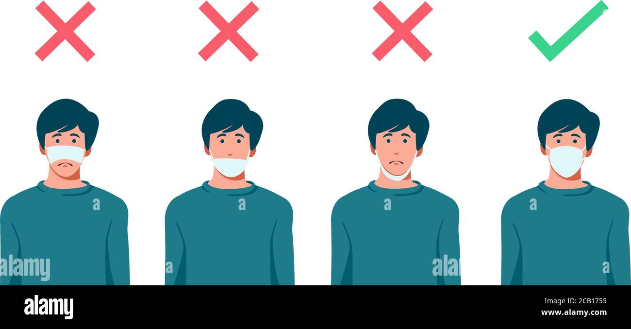 Set of men wearing medical mask in the wrong way with red cross symbol