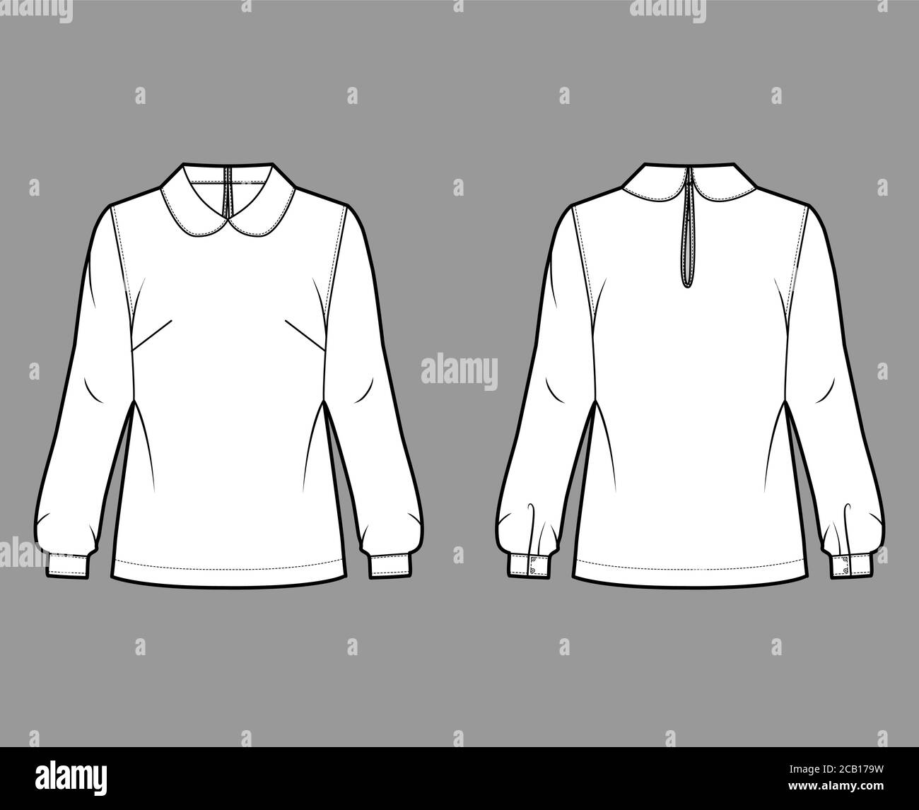 Round collar blouse technical fashion illustration with loose silhouette, long shirt sleeve, back button-fastening keyhole. Flat apparel template front back white color. Women, men unisex top mockup Stock Vector