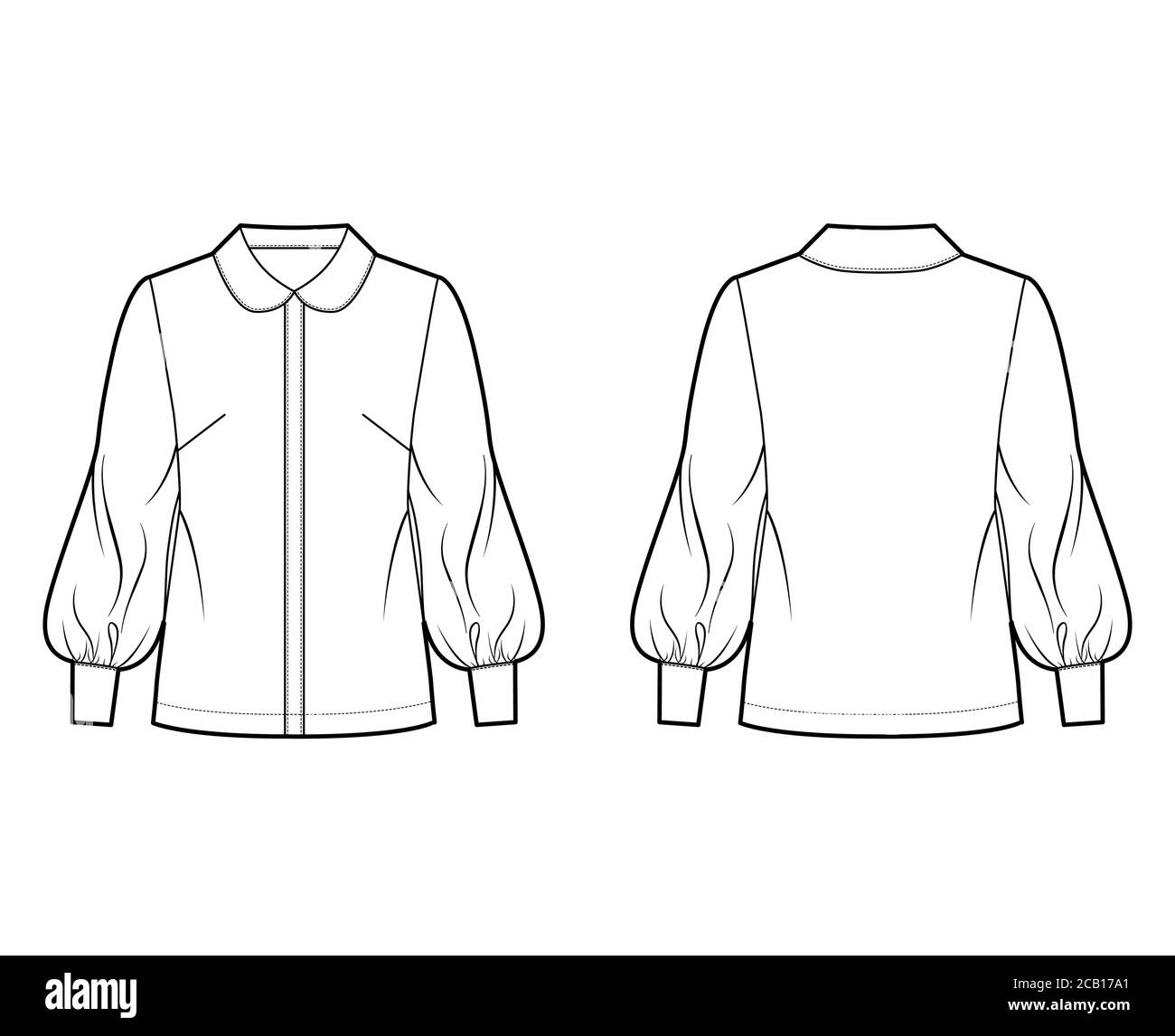 Long bishop sleeve shirt technical fashion illustration with round collar, front button-fastening, loose silhouette. Flat blouse apparel template front back white color. Women, men unisex top mockup Stock Vector