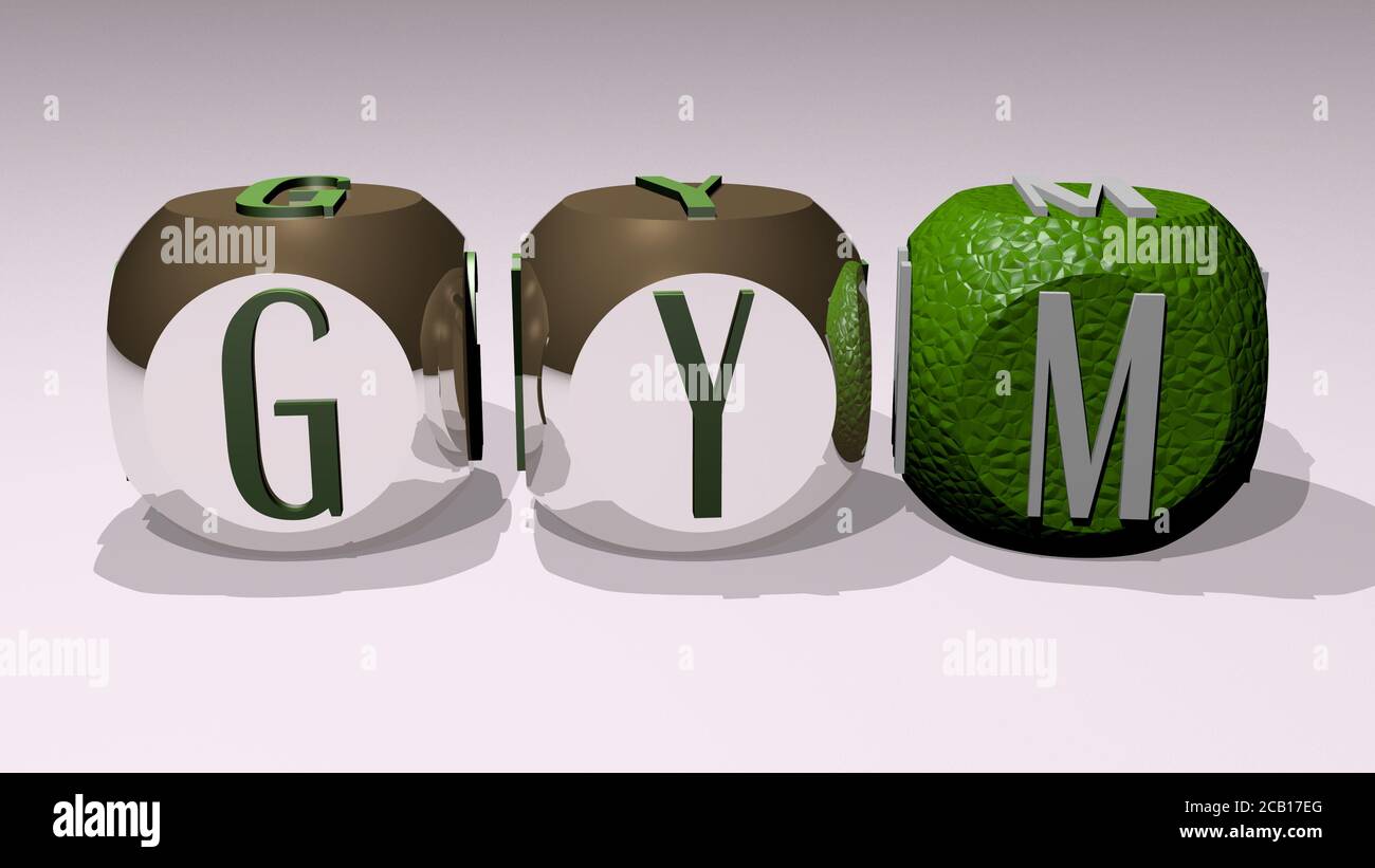 crosswords of GYM arranged by cubic letters on a mirror floor, concept