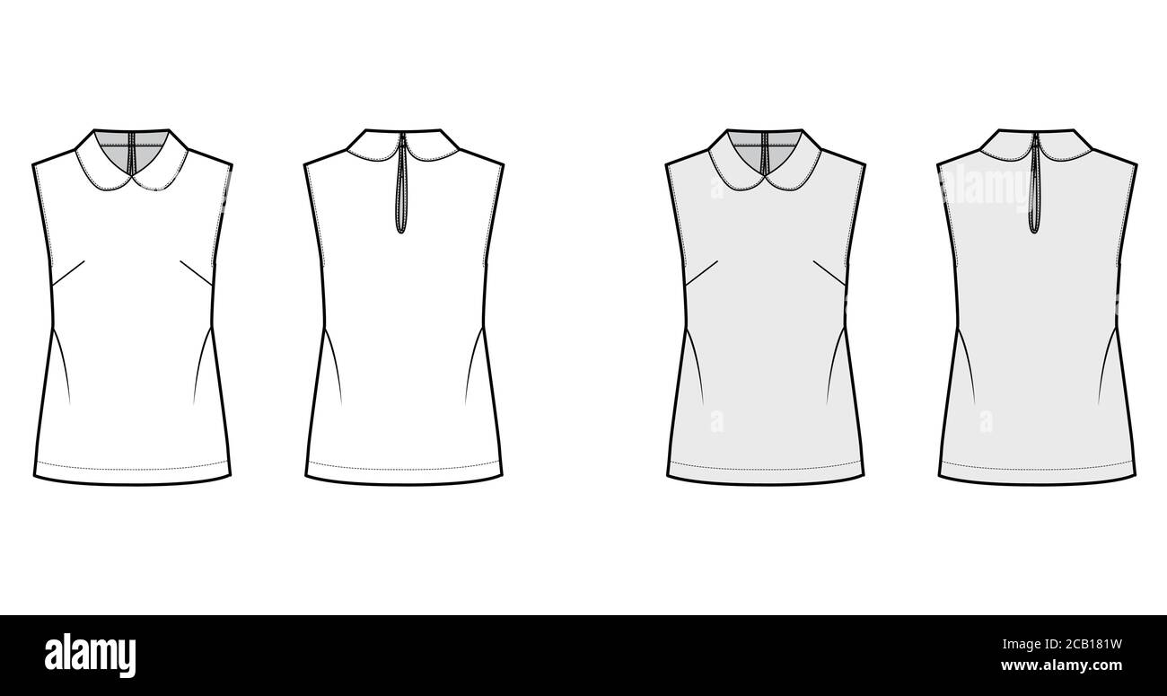 Round collar blouse technical fashion illustration with loose silhouette, sleeveless, back button-fastening keyhole. Flat shirt apparel template front back white grey color. Women, men unisex top CAD Stock Vector