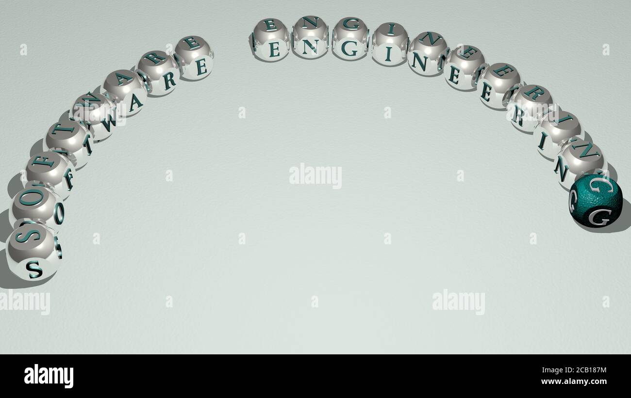SOFTWARE ENGINEERING curved text of cubic dice letters. 3D illustration