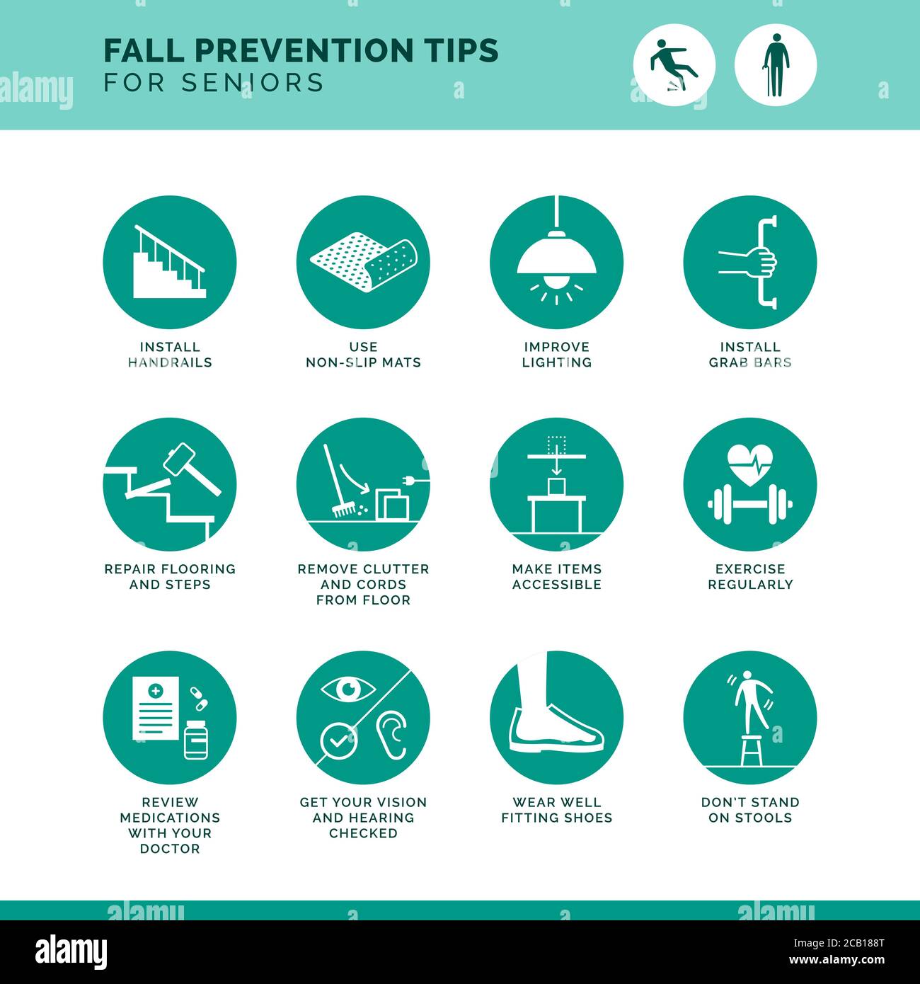 Senior fall prevention tips icons set: safe home improvements and healthy lifestyle advices Stock Vector