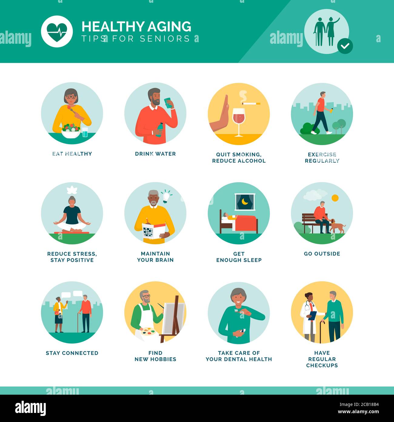 Healthy aging and senior wellness icons set: healthy lifestyle, brain maintenance and fitness for elder people Stock Vector