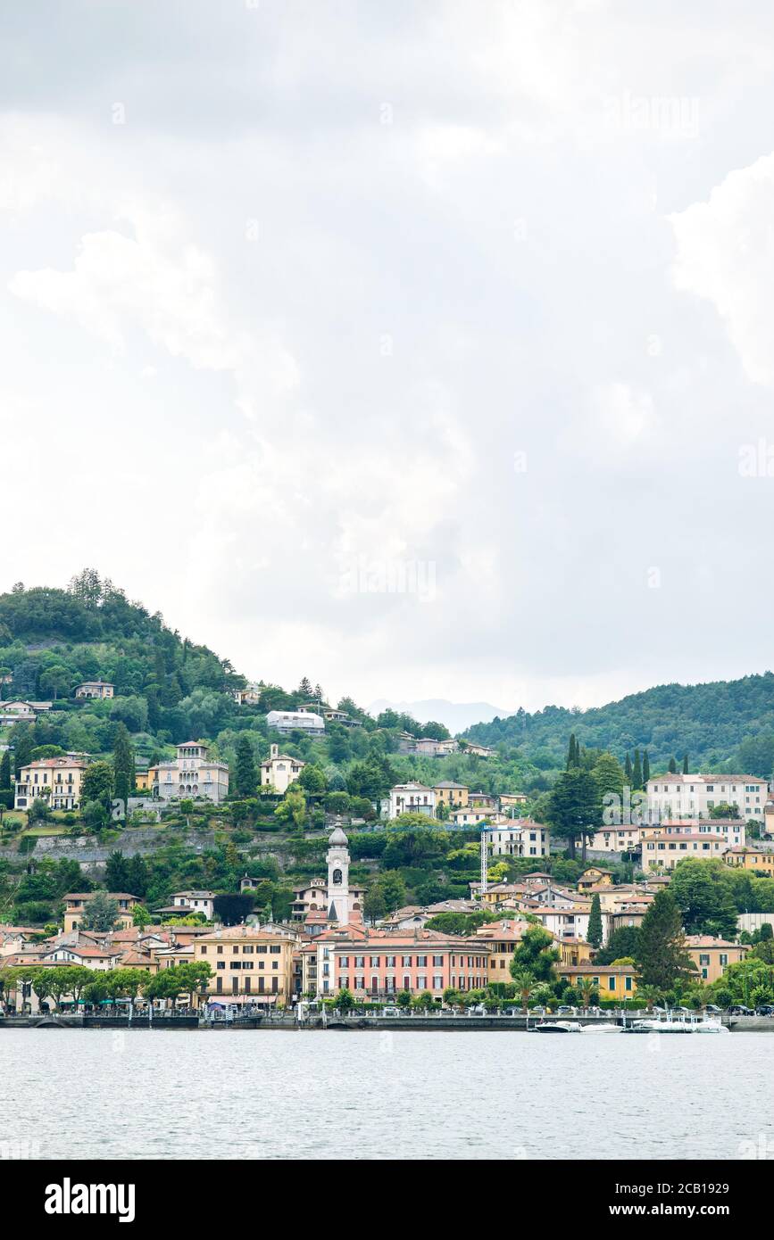 Menaggio Town on Lake Como in Lombardy. Italy. Cloudy Sky. Stock Photo