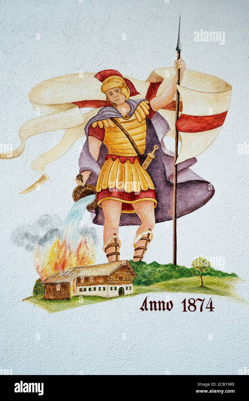 Lueftlmalerei, Saint Florian, patron saint at the voluntary fire brigade Ergertshausen, Upper Bavaria, Bavaria, Germany Stock Photo