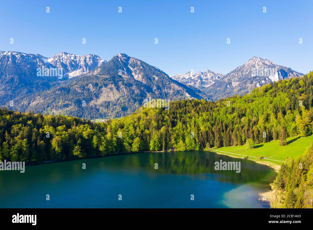 Alatsee, near Fuessen, Vilser Kegel in Tannheimer Berge, drone photograph, Ostallgaeu, Allgaeu, Swabia, Bavaria, Germany Stock Photo