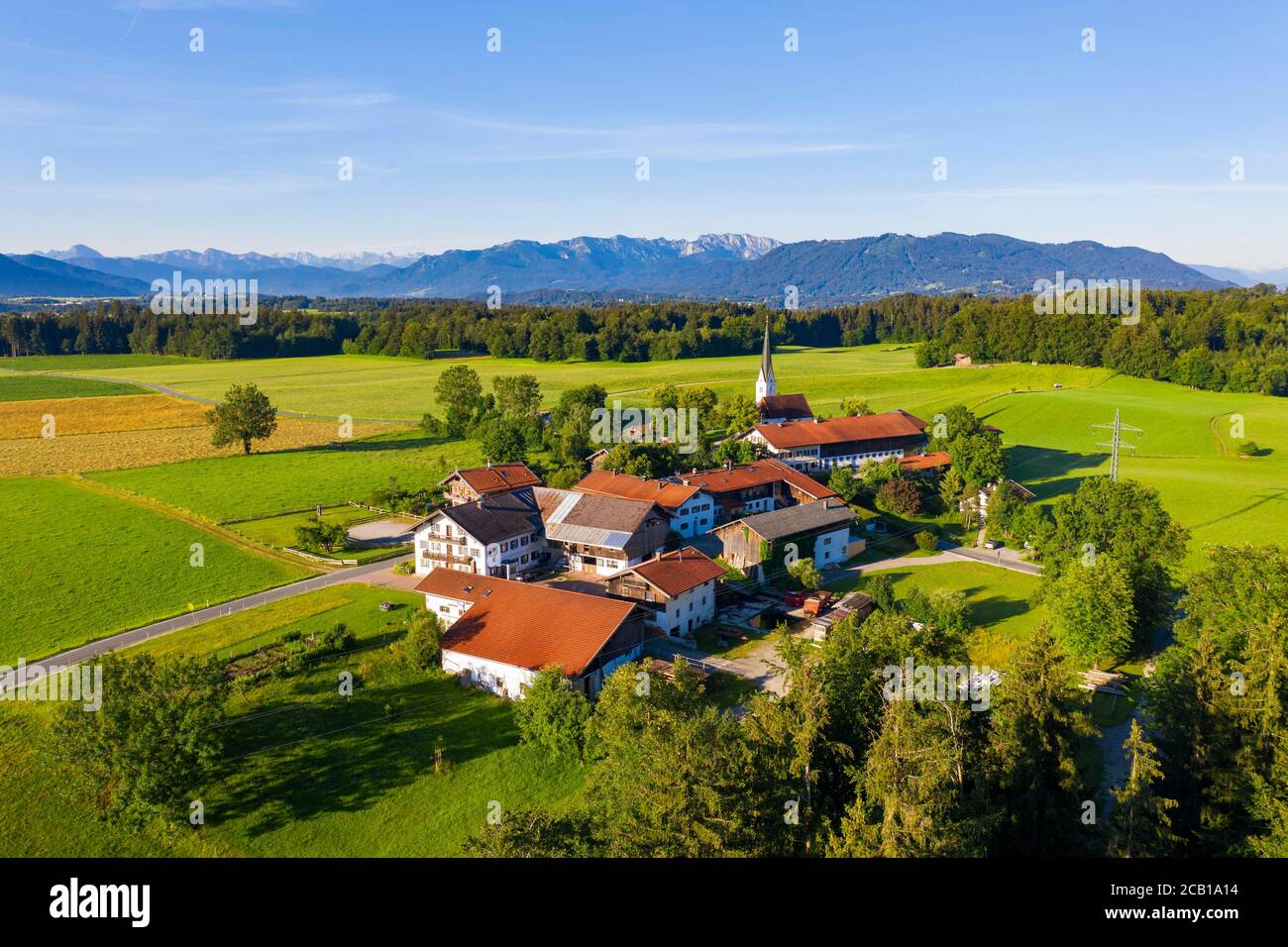 Kirchbichl, near Bad Toelz, Toelzer Land, drone recording, Alpine foreland, Upper Bavaria, Bavaria, Germany Stock Photo