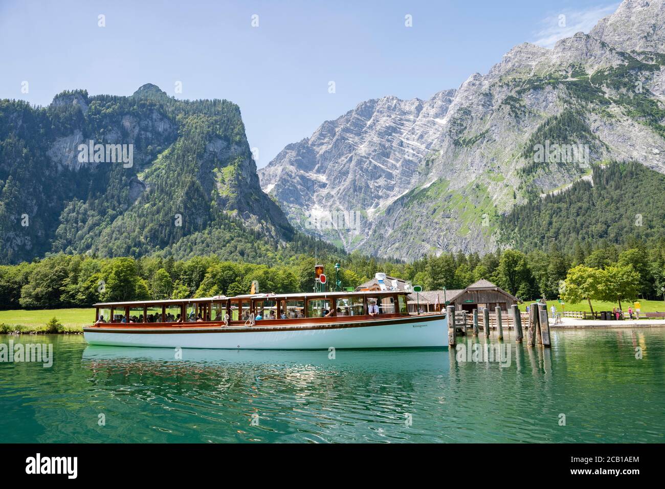 Excursion boat in St. Bartholomae with Watzmann massif, Berchtesgaden National Park, Berchtesgadener Land, Upper Bavaria, Bavaria, Germany Stock Photo
