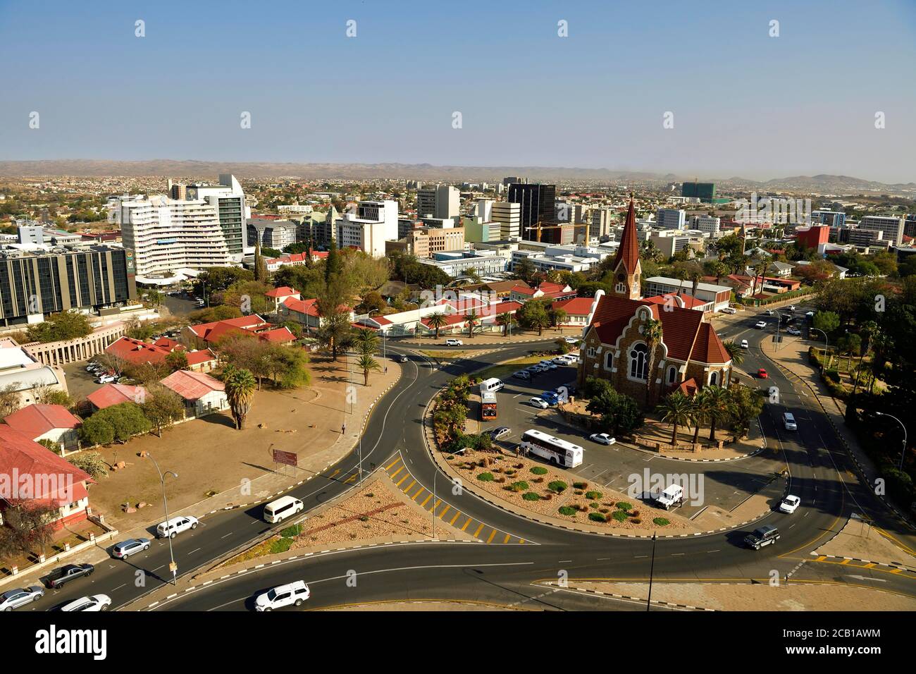 Evangelical Lutheran Church of Christ from 1910 with view of the city, Windhoek, Namibia Stock Photo