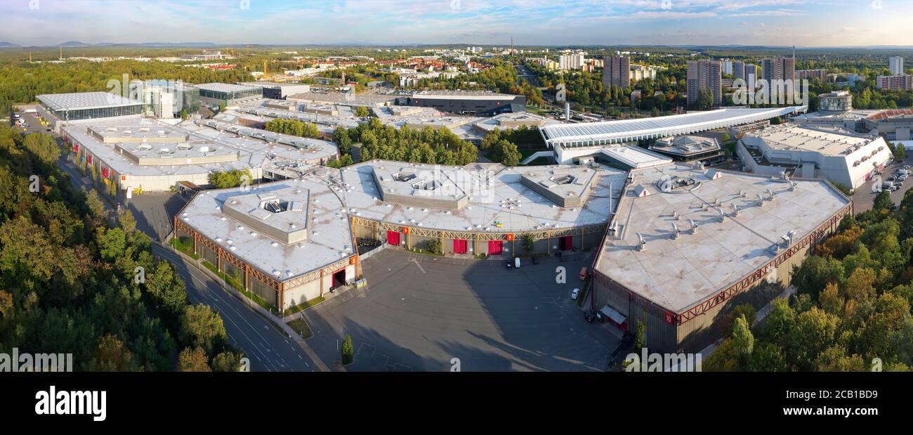 Measuring site overview from northwest, measuring halls, Nuremberg-Langwasser, Central Franconia, Franconia, Bavaria, Germany Stock Photo