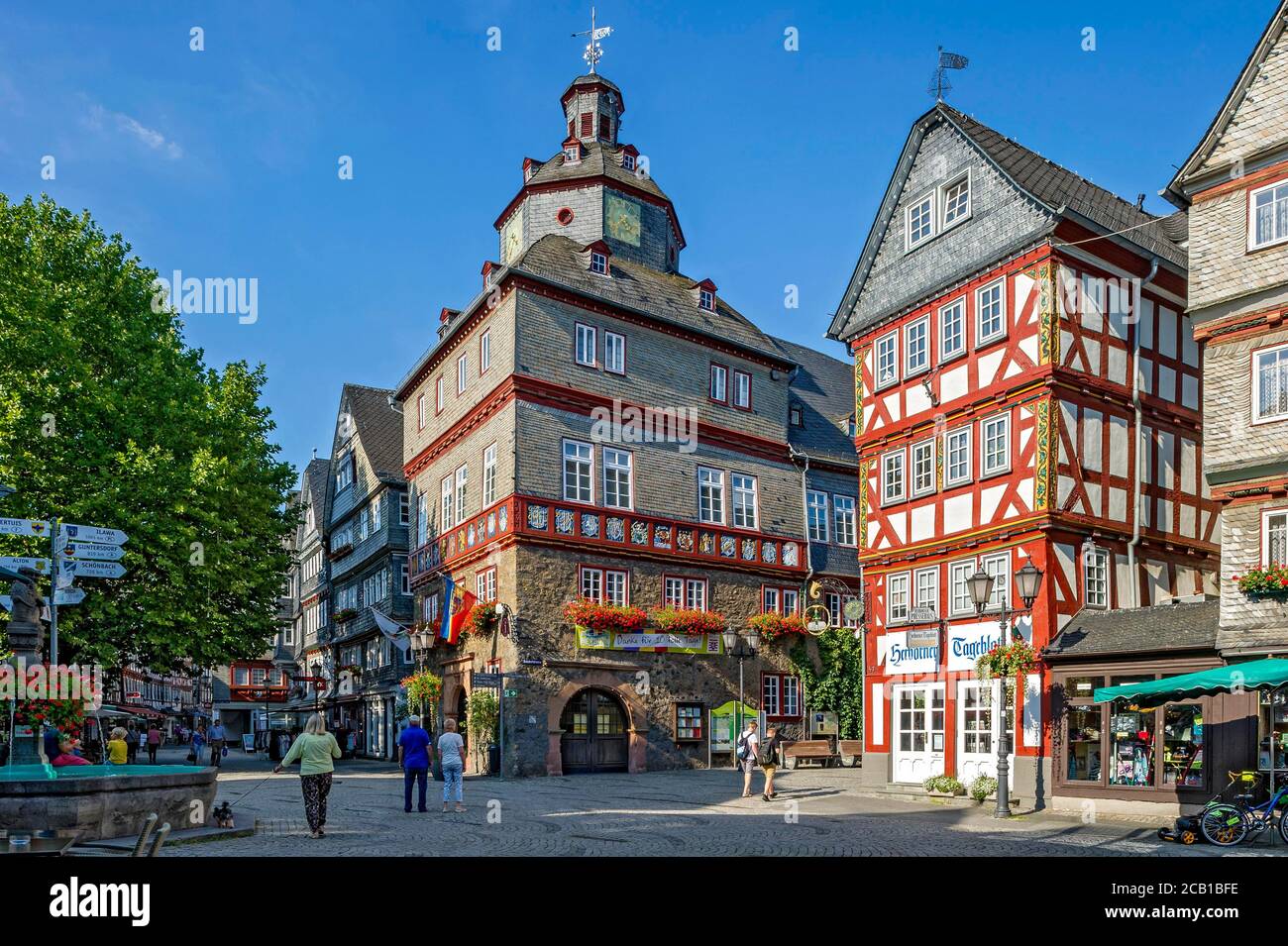 City hall, historic half-timbered houses, market place, old town, Herborn, Lahn-Dill district, Hesse, Germany Stock Photo