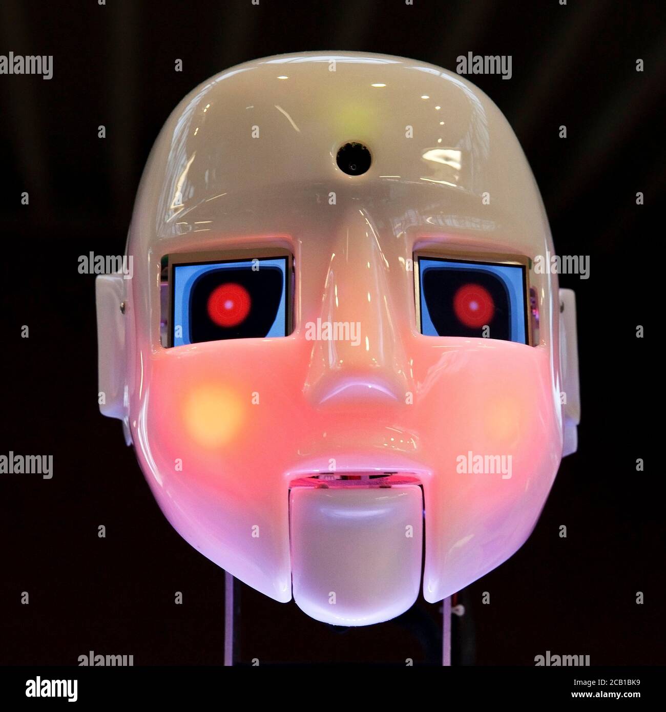 The humanoid robot RoboThespian is ashamed, Working World Exhibition DASA, Dortmund, Ruhr Area, North Rhine-Westphalia, Germany Stock Photo